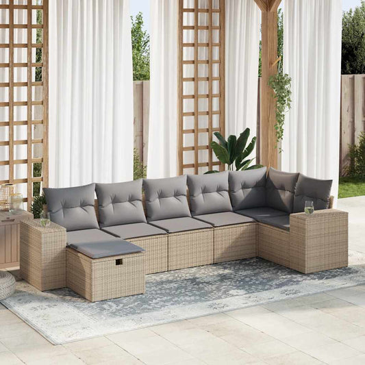 7 pcs garden sofa set with cushions poly rattan beige