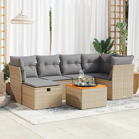 7 pcs garden sofa set with cushions poly rattan beige
