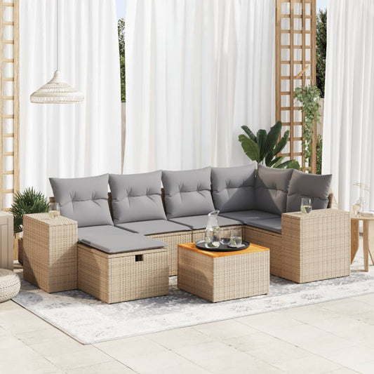 7 pcs garden sofa set with cushions poly rattan beige
