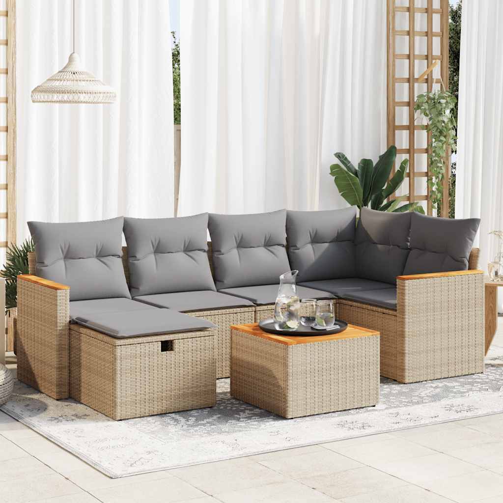 7 pcs garden sofa set with cushions poly rattan beige