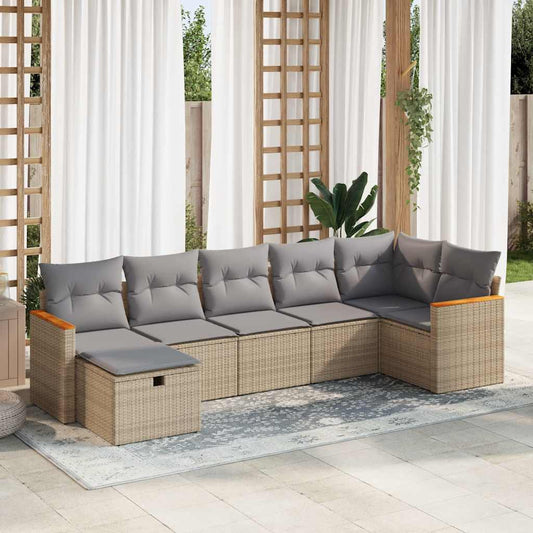 7 pcs garden sofa set with cushions poly rattan beige