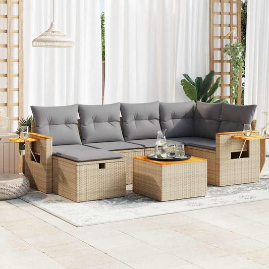 7 pcs garden sofa set with cushions poly rattan beige