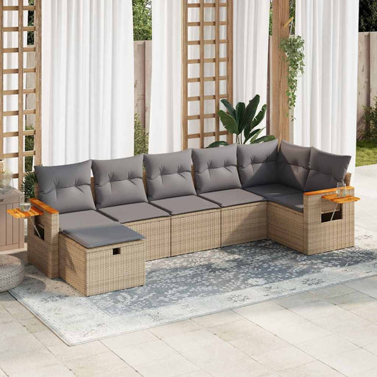 7 pcs garden sofa set with cushions poly rattan beige