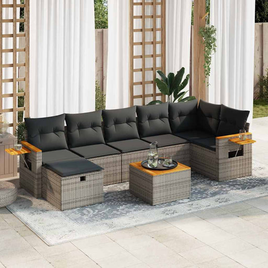 8 pcs garden sofa set with cushions poly rattan grey