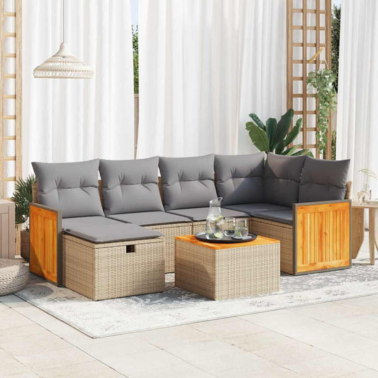 7 pcs garden sofa set with cushions poly rattan beige