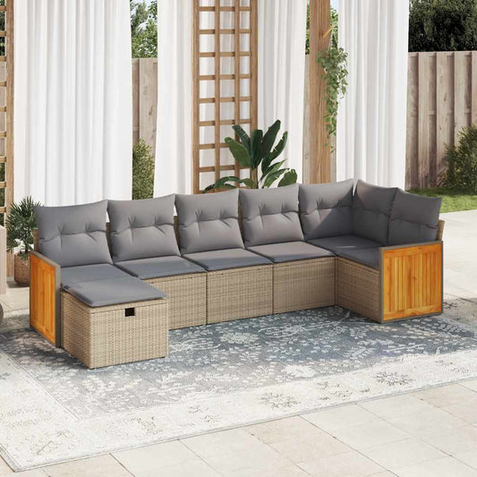 7 pcs garden sofa set with cushions poly rattan beige