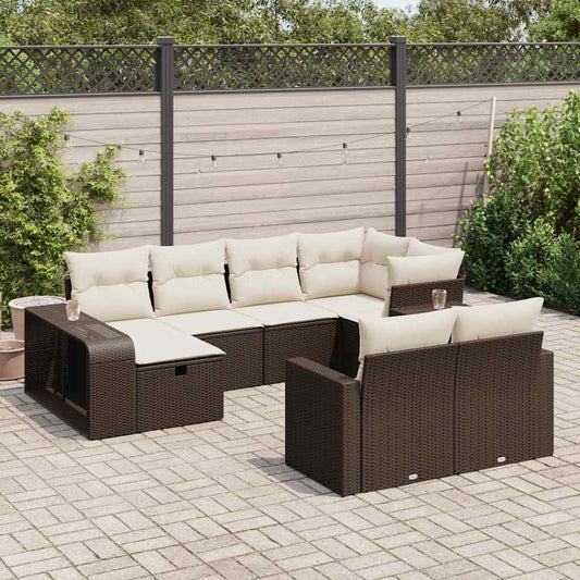 10 pcs garden sofa set with cushions poly rattan brown