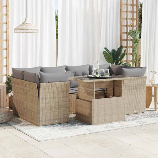 7 pcs garden sofa set with cushions poly rattan beige