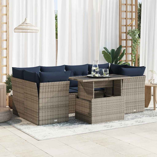 7 pcs conjunto sofás jardim almofadões vime PE/acácia cinzento
