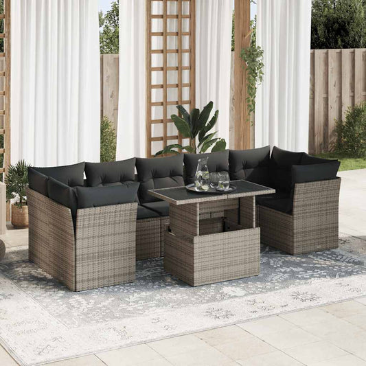 8 pcs garden sofa set with cushions poly rattan grey