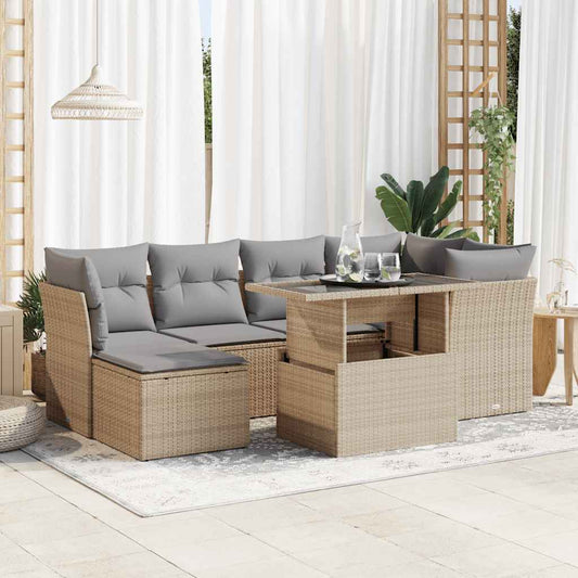 7 pcs garden sofa set with cushions poly rattan beige