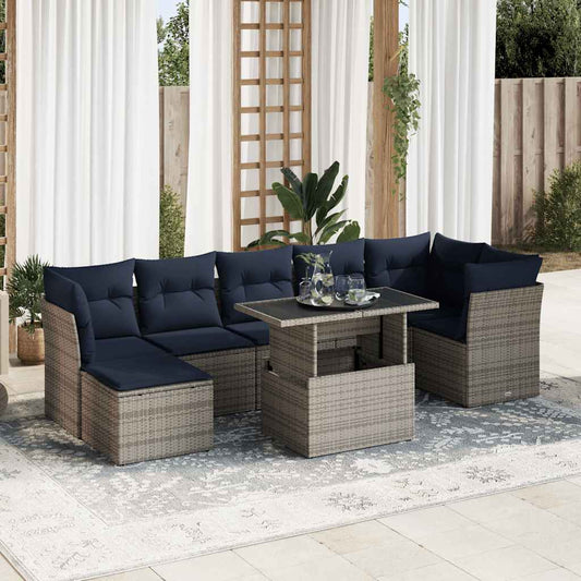 7 pcs conjunto sofás jardim almofadões vime PE/acácia cinzento