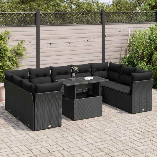 10 pcs garden sofa set with cushions poly rattan black
