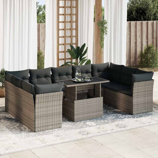 10 pcs garden sofa set with cushions poly rattan grey