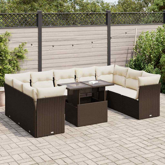 10 pcs garden sofa set with cushions poly rattan brown