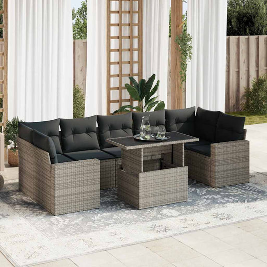 8 pcs garden sofa set with cushions poly rattan grey