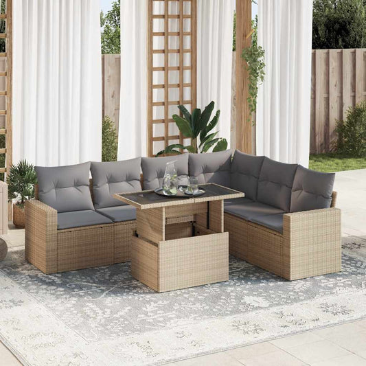 7 pcs garden sofa set with cushions poly rattan beige