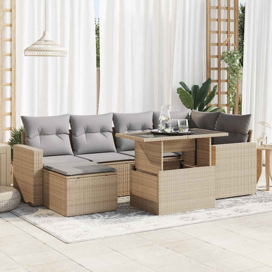 7 pcs garden sofa set with cushions poly rattan beige