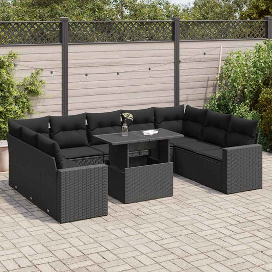 10 pcs garden sofa set with cushions poly rattan black