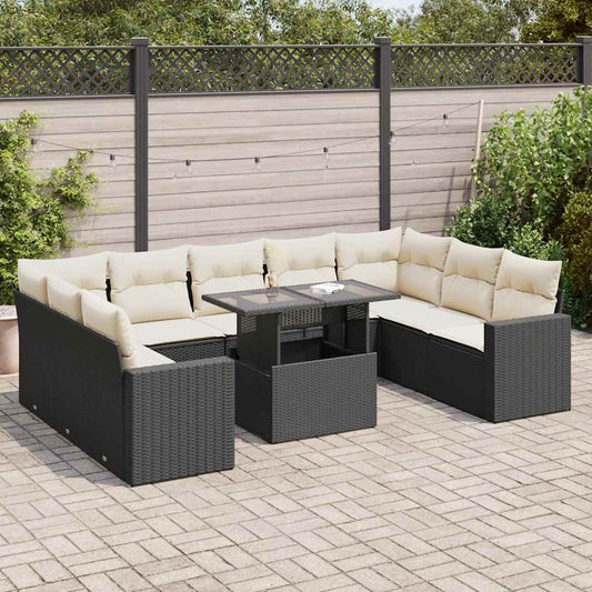 10 pcs garden sofa set with cushions poly rattan black