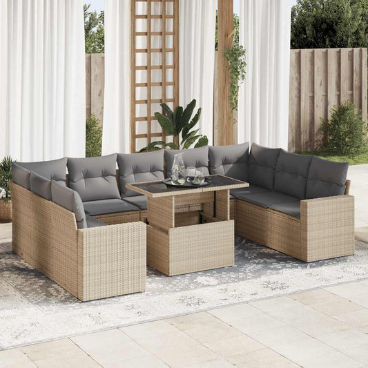 10 pcs garden sofa set with cushions PE rattan beige