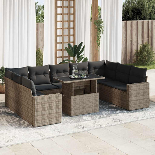 10 pcs garden sofa set with cushions poly rattan grey