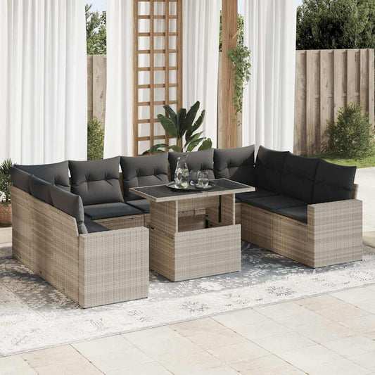 10 pcs garden sofa set with cushions light grey poly rattan