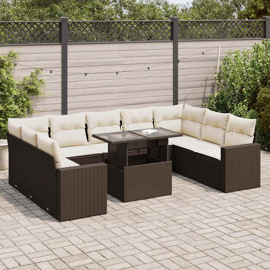 10 pcs garden sofa set with cushions poly rattan brown
