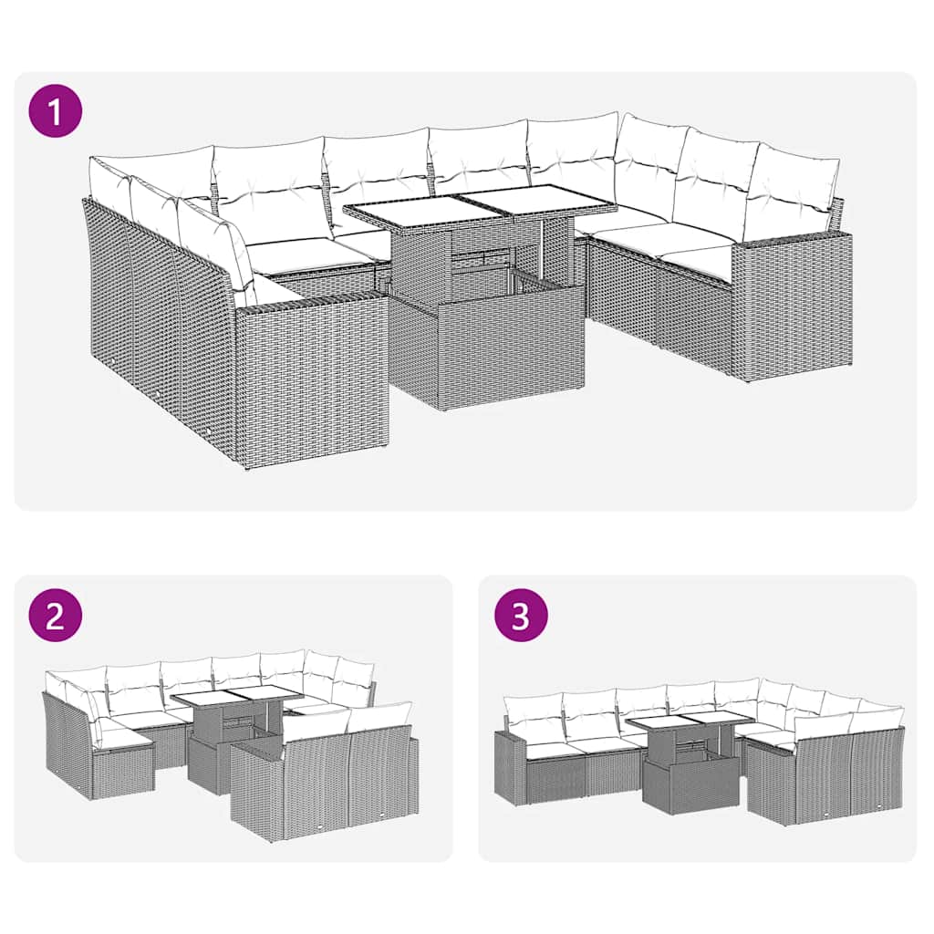 10 pcs conj. sofás jardim c/ almofadões vime PE/acácia castanho
