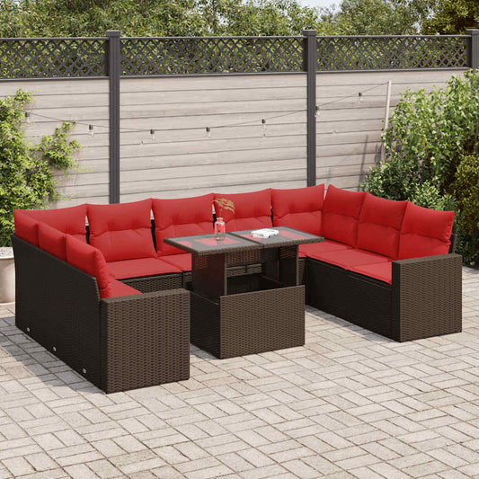 10 pcs conj. sofás jardim c/ almofadões vime PE/acácia castanho