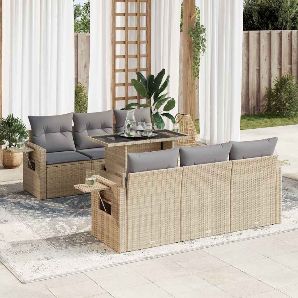 7 pcs garden sofa set with cushions poly rattan beige