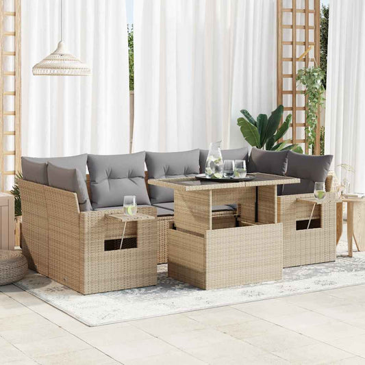 7 pcs garden sofa set with cushions poly rattan beige