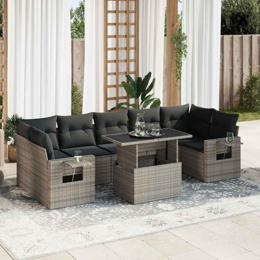 8 pcs garden sofa set with cushions poly rattan grey