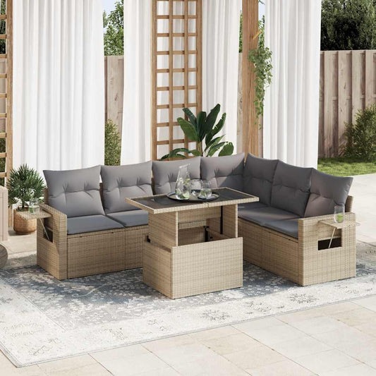 7 pcs garden sofa set with cushions poly rattan beige