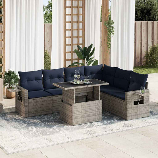 7 pcs conjunto sofás jardim c/ almofadões vime PE/acácia preto