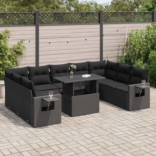 10 pcs garden sofa set with cushions poly rattan black