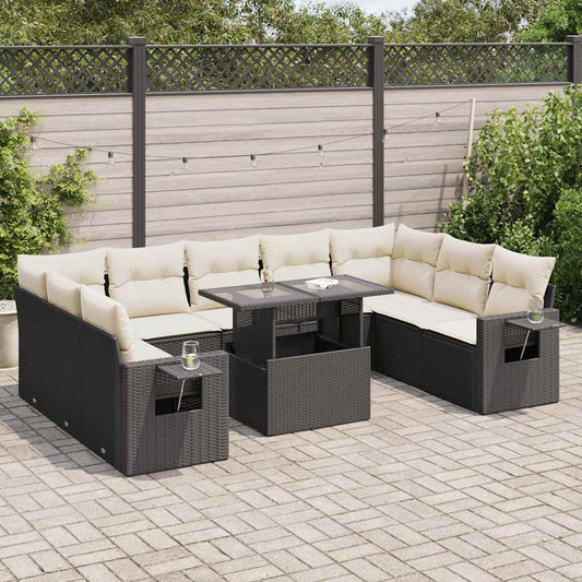 10 pcs conjunto sofás de jardim c/ almofadões vime PE preto