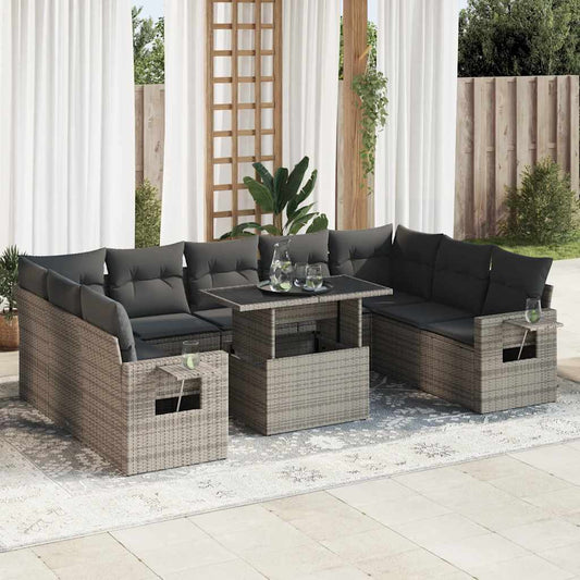 10 pcs garden sofa set with cushions poly rattan grey