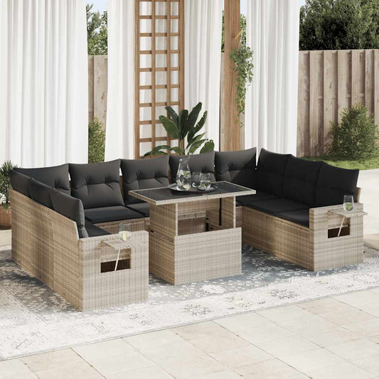 10 pcs garden sofa set with cushions light grey poly rattan