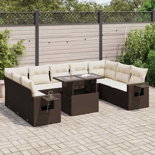 10 pcs garden sofa set with cushions poly rattan brown
