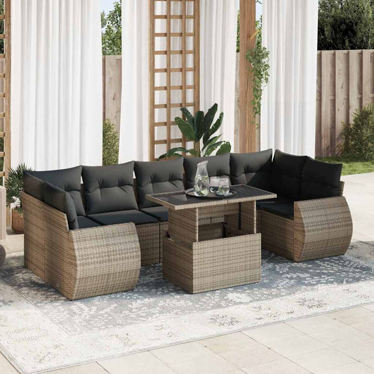 8 pcs garden sofa set with cushions poly rattan grey