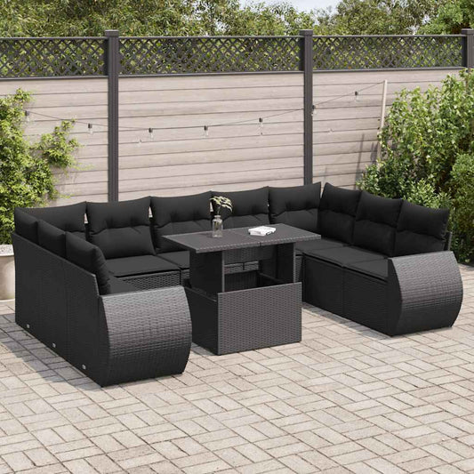 10 pcs garden sofa set with cushions poly rattan black