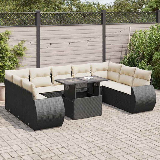 10 pcs garden sofa set with cushions poly rattan black