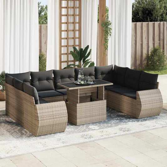 10 pcs garden sofa set with cushions poly rattan grey