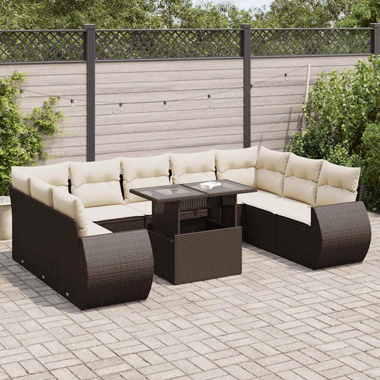 10 pcs garden sofa set with cushions poly rattan brown