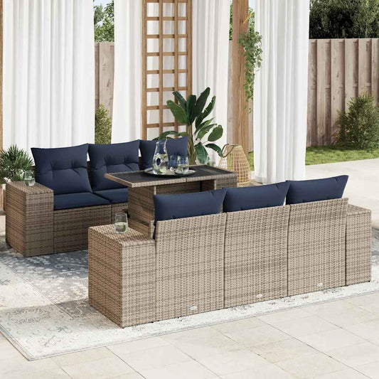 7 pcs conjunto sofás jardim almofadões vime PE/acácia cinzento
