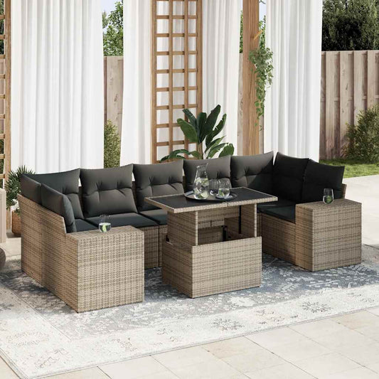8 pcs garden sofa set with cushions poly rattan grey