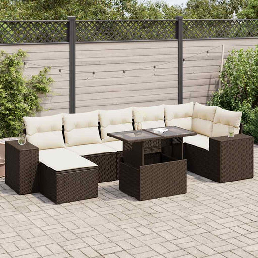 8 pcs conjunto sofás de jardim c/ almofadões vime PE castanho