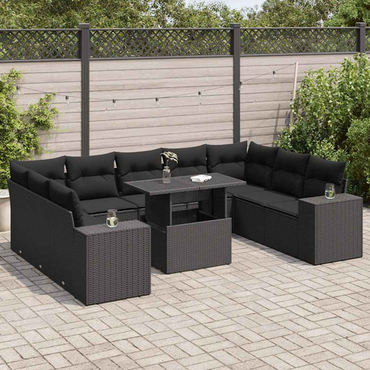 10 pcs garden sofa set with cushions poly rattan black