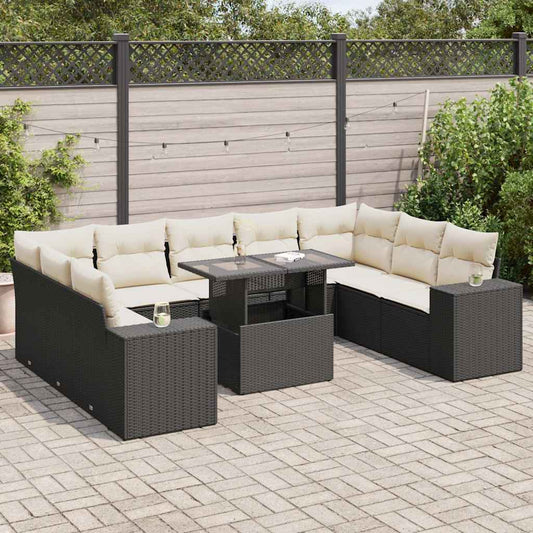 10 pcs garden sofa set with cushions poly rattan black